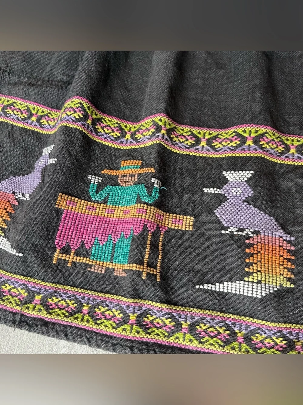 Vtg 70's‎ South American Dancers Hand Embroidered Apron Black Cotton Tie Back